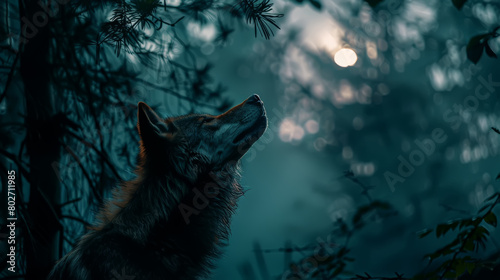 A contemplative wolf in a serene forest as dusk settles with the moon in the background