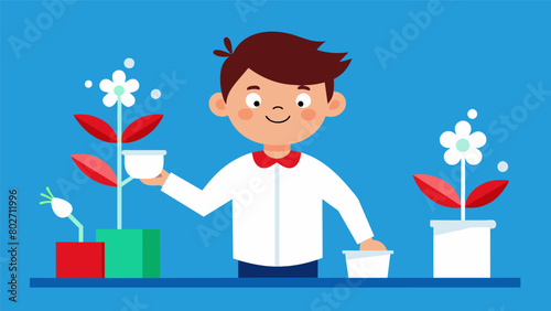 A boy proudly presents his experiment in which he discovered how to turn white flowers into vibrant shades of red white and blue by changing their. Vector illustration