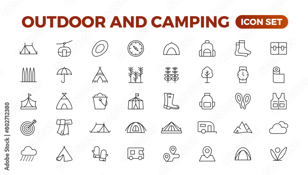 Camping and outdoor activities isolated icons set. Set of tent, camper van, trailer, sleeping bag, canoe, camp equipment, fishing boat, backpack, compass, tools, flashlight, campfire vector icon set.