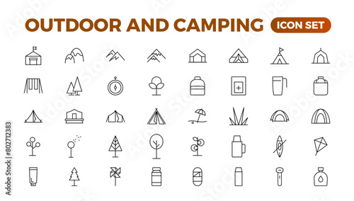 Camping and outdoor activities isolated icons set. Set of tent, camper van, trailer, sleeping bag, canoe, camp equipment, fishing boat, backpack, compass, tools, flashlight, campfire vector icon set.