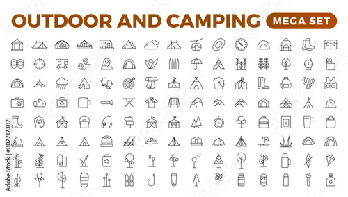 Camping and outdoor activities isolated icons set. Set of tent, camper van, trailer, sleeping bag, canoe, camp equipment, fishing boat, backpack, compass, tools, flashlight, campfire vector icon set.