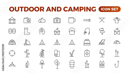 Camping and outdoor activities isolated icons set. Set of tent, camper van, trailer, sleeping bag, canoe, camp equipment, fishing boat, backpack, compass, tools, flashlight, campfire vector icon set.