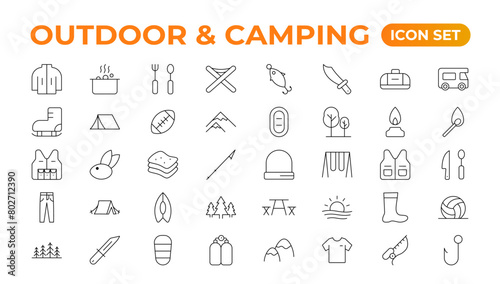 Camping and outdoor activities isolated icons set. Set of tent, camper van, trailer, sleeping bag, canoe, camp equipment, fishing boat, backpack, compass, tools, flashlight, campfire vector icon set.
