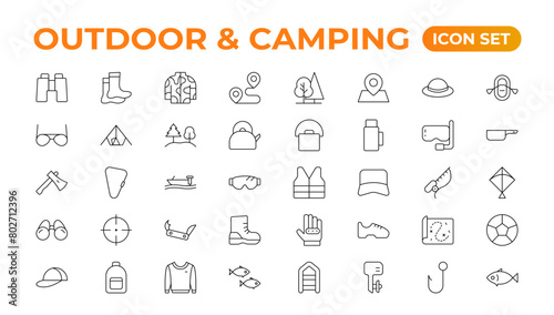 Camping and outdoor activities isolated icons set. Set of tent, camper van, trailer, sleeping bag, canoe, camp equipment, fishing boat, backpack, compass, tools, flashlight, campfire vector icon set.