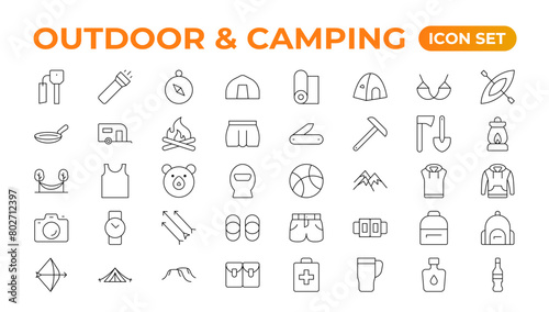 Camping and outdoor activities isolated icons set. Set of tent, camper van, trailer, sleeping bag, canoe, camp equipment, fishing boat, backpack, compass, tools, flashlight, campfire vector icon set.