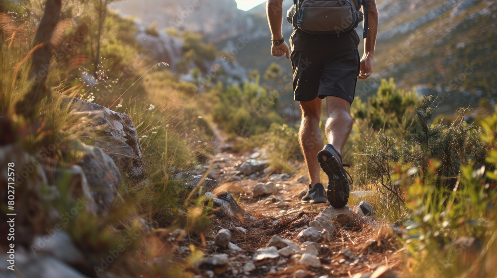 Man running along hiking trail in dry climate Man running along hiking trail in dry climate