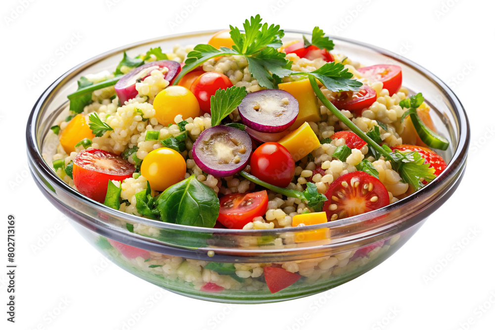 Isolated Bowl of Quinoa Salad: A bowl of colorful quinoa salad isolated on a transparent background, featuring vegetables, herbs, and vinaigrette dressing, great for healthy eating illustrations Isolated Bowl of Quinoa Salad: A bowl of colorful quinoa salad isolated on a transparent background, featuring vegetables, herbs, and vinaigrette dressing, great for healthy eating illustrations