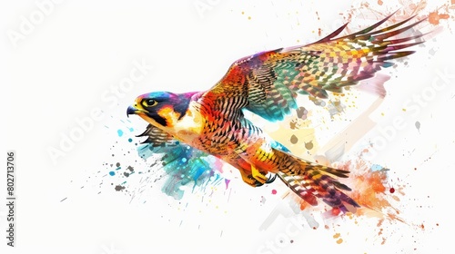 The cyber watercolor painting of a peregrine falcon made from holographic pixels merges the natural with the ultramodern photo