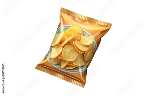 Isolated Bag of Potato Chips: A bag of potato chips isolated on a transparent background, featuring a crunchy texture and various flavors, ideal for snack menus and convenience store advertisements.
