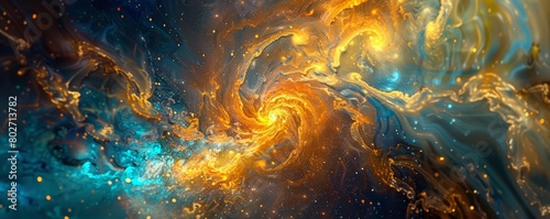 The Fantastic textured substance of a colorful nebula swirls dynamically across a Gold and Blue Abstract Futuristic Background photo