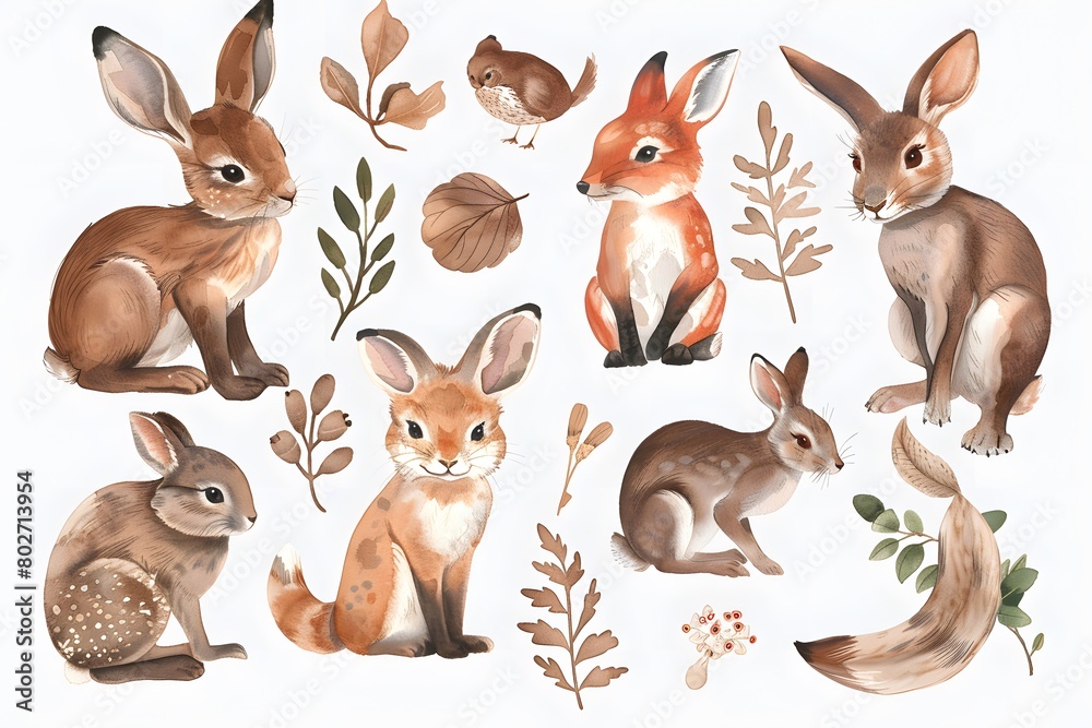 Collection of Forest Animals Depicted in a Series of Watercolor Illustrations, Ideal for Children's Book Art Collection of Forest Animals Depicted in a Series of Watercolor Illustrations, Ideal for Children's Book Art