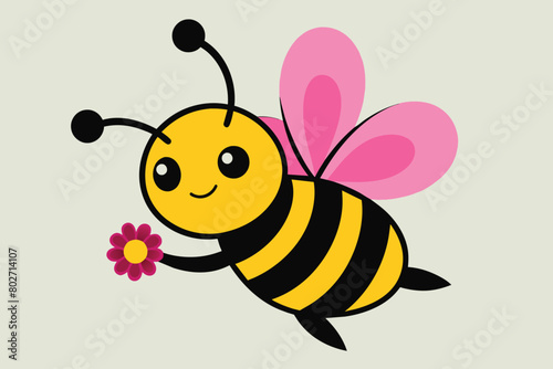 Solid color cute bee carrying a big pink flower vector design © mobarok8888