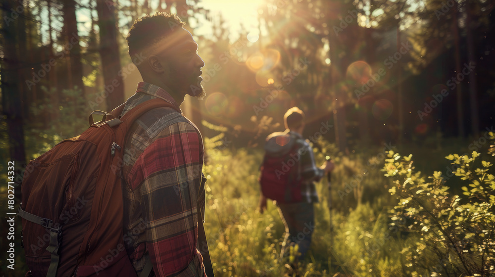 Two multiethnic men hiking in dynamic spring atmosphere, god rays and beautiful weather