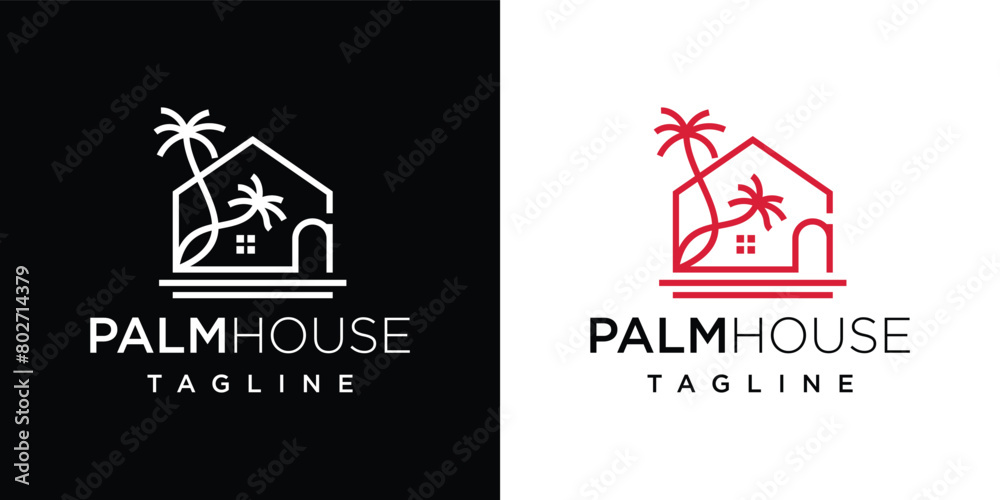 palm tree house logo vector illustration. Vector Logo Design Template Element with home line style.	
