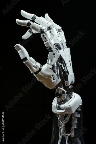 Humanoid robot hand with joints, white metallic mechanical interior lines, transparent surface, isolated black background