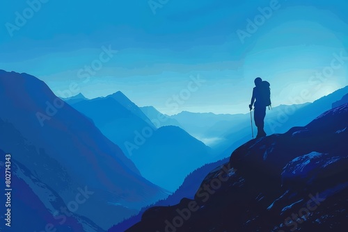 The serene landscape of a mountainous hike is illustrated on the creative banner of adventure, complemented by a deep blue sky background