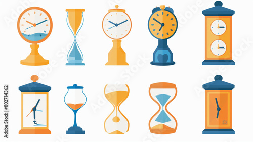  Timer and clock icon set. Time symbol flat icon. Stopwatch, timer, hourglass, sandglass timer, clock. Vector style, studio style, white background