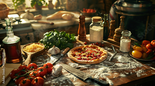 Ingredients for pizza with utensils on table in kitchen