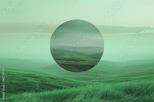 green field and grass, round mirror reflected the view.