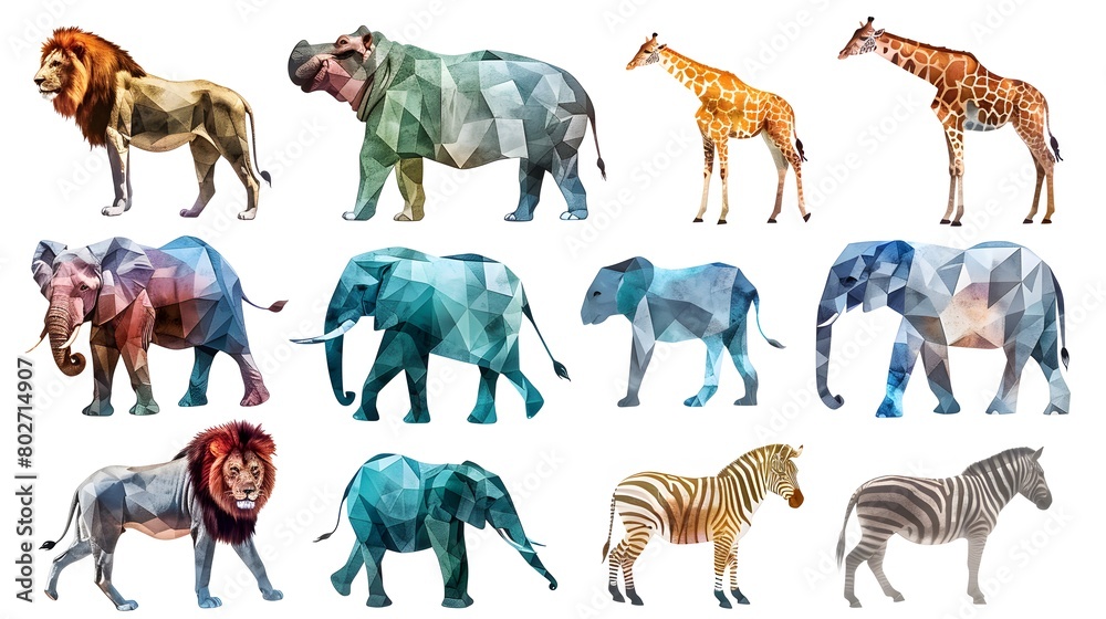 Obraz premium Set Featuring Various Large Safari Animals Like Hippos, Elephants, Lions, and Giraffes