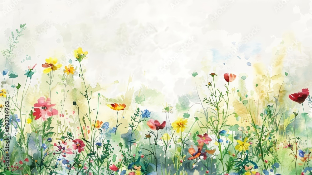 Watercolor painting of wildflowers borders the canvas, illustrating a serene, artistic creative template, blank frame template sharpen with large copy space