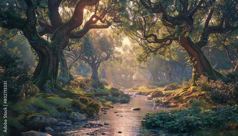 The image is a beautiful landscape of a forest with a river running through it