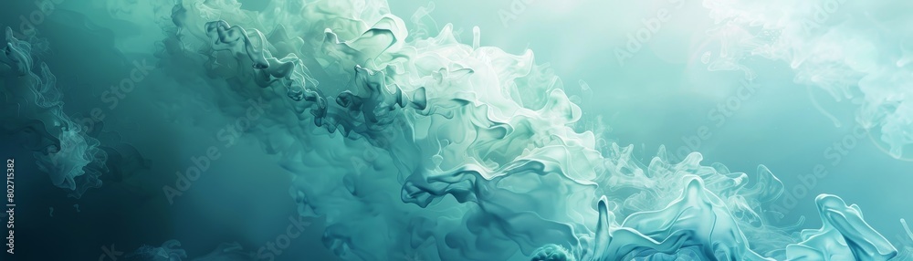 The image is an abstract painting with a blue-green background. There are white and light blue clouds of color throughout the painting.