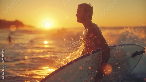 Serene sunset surfing scene with a silhouette of a man holding a surfboard photo