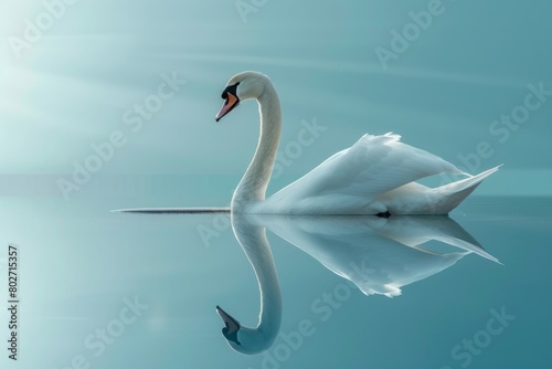 Elegant white swan gliding on a tranquil blue lake with perfect reflection