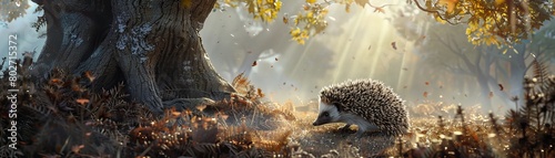 The image is a photo of a hedgehog in the forest photo