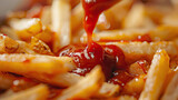 A close-up photo of greasy french fries being dipped into a mound of ketchup, epitomizing fast food cravings,