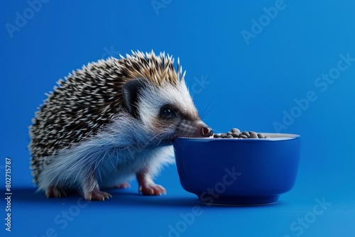 Adorable hedgehog eating from a blue bowl on a blue background photo
