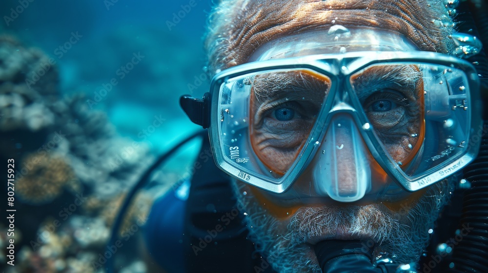 Mature scuba diver exploring the underwater world in clear blue waters