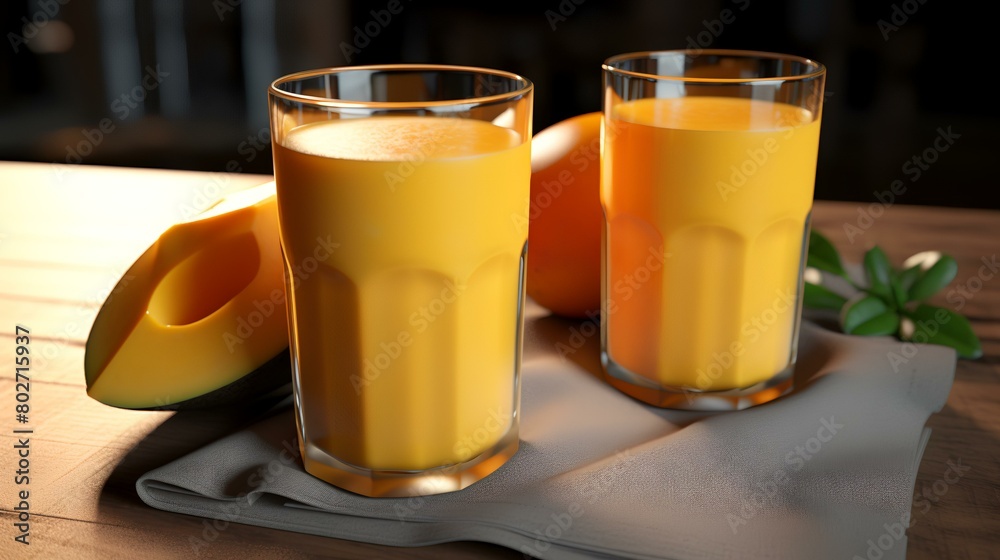 Glasses of tasty mango smoothie on wooden table, closeup Glasses of tasty mango smoothie on wooden table, closeup