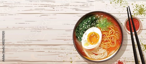 Top-down view of ramen noodles in tonkotsu broth with space for additional elements photo