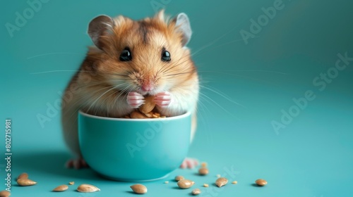 Adorable hamster stuffing cheeks with seeds sitting in a bowl photo