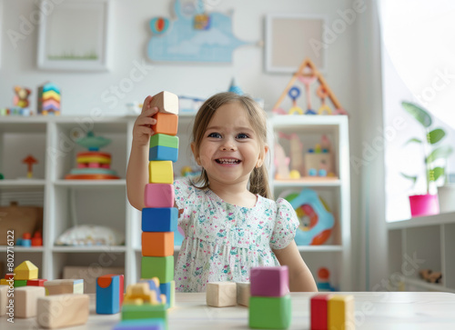 happy little girl playing with colorful wooden blocks in the playroom