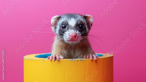 Playful ferret peering out of a colorful tunnel on a pink background photo