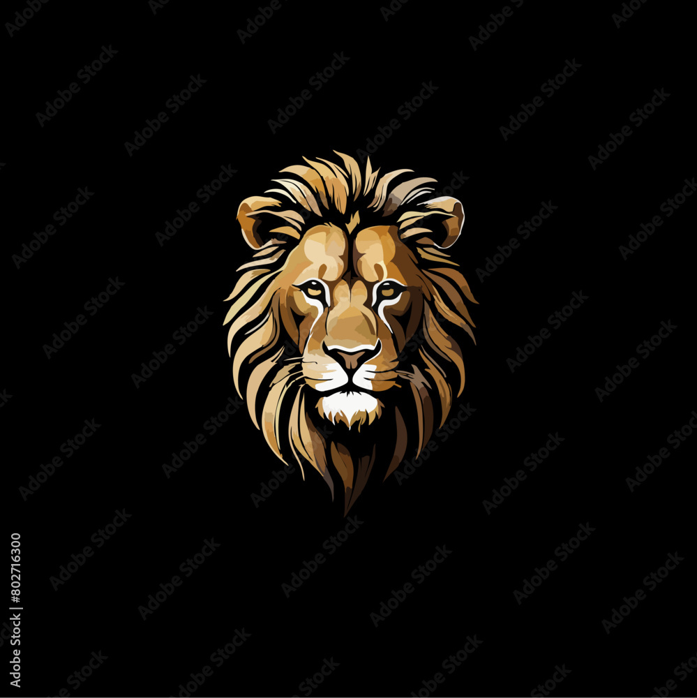 Obraz premium Vector mascot of a lion head logo. With black background and natural brown color combination. Suitable for t-shirt image, poster image, emblem, clip art, striker, banner, flag, etc.