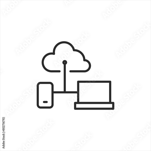 Cloud Computing Connectivity icon. Illustrates the connection between mobile devices, laptops, and the cloud, highlighting the seamless sync and access of data across platforms. Vector illustration.