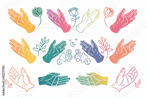 Vector set of linear holding hands gestures, logo design template for charity and donation concepts. Love and friendship hands for tattoo, print and sticker design elements. flat vector illustration V