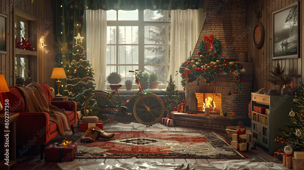 Interior of living room with Christmas trees bicycle a