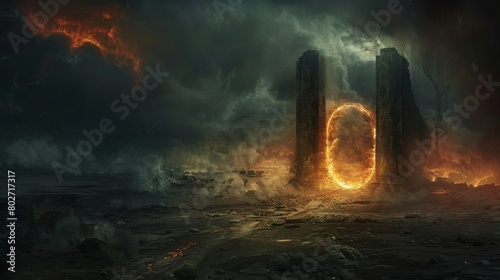 Hellish open field at night with a fiery ring gate and dungeons, light escaping through an open door amidst darkness, smoke, and cobwebs photo