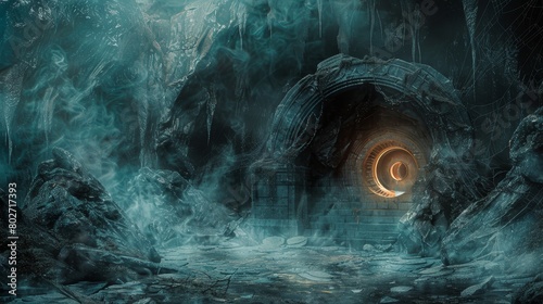 Hellish scene with a lighted doorway opening to a ring gate, dungeon atmosphere, enveloped in darkness, smoke, and spiderwebs photo