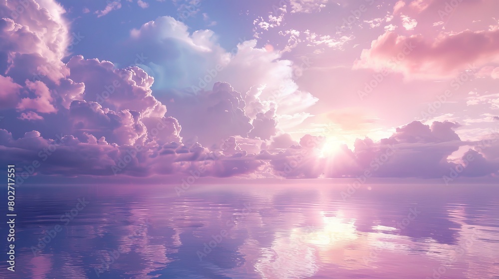 Magical entrance showcasing a serene lakescape with clouds, set beneath a sky awash in pastel pink and purple shades Magical entrance showcasing a serene lakescape with clouds, set beneath a sky awash in pastel pink and purple shades