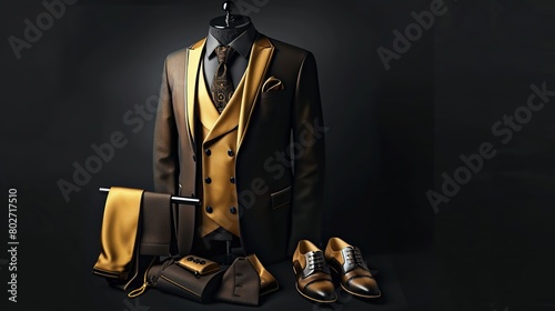 Elegant suit and accessories gold color. copy space for text.
