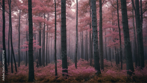 A serene forest with a soft  pastel-colored background of pink and purple  Generative AI