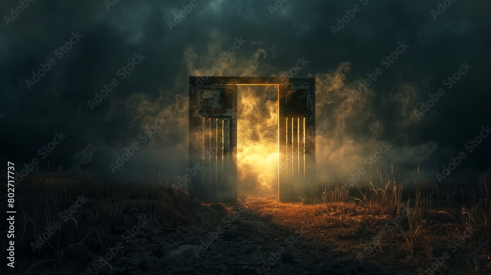 Mysterious open gate dividing heaven and hell, casting a bright light in a dark night field, with souls appearing in the smoke-filled air