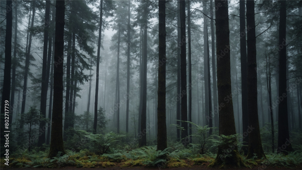 Fototapeta premium A peaceful forest with a misty, background of shades of grey, Generative AI