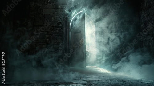Mysterious light seeping through an opened door in a dungeon, ring gate visible in the background, enveloped in smoke and darkness photo